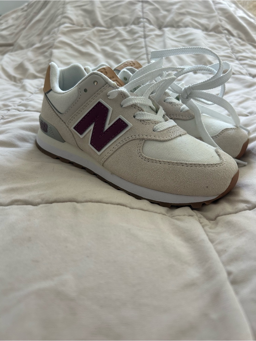 New Balance Kids White Sneakers with Purple N and Tan Accents